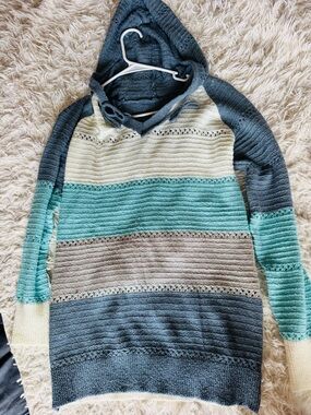 Striped Knit Hoodie Sweater in Teal, Cream & Gray